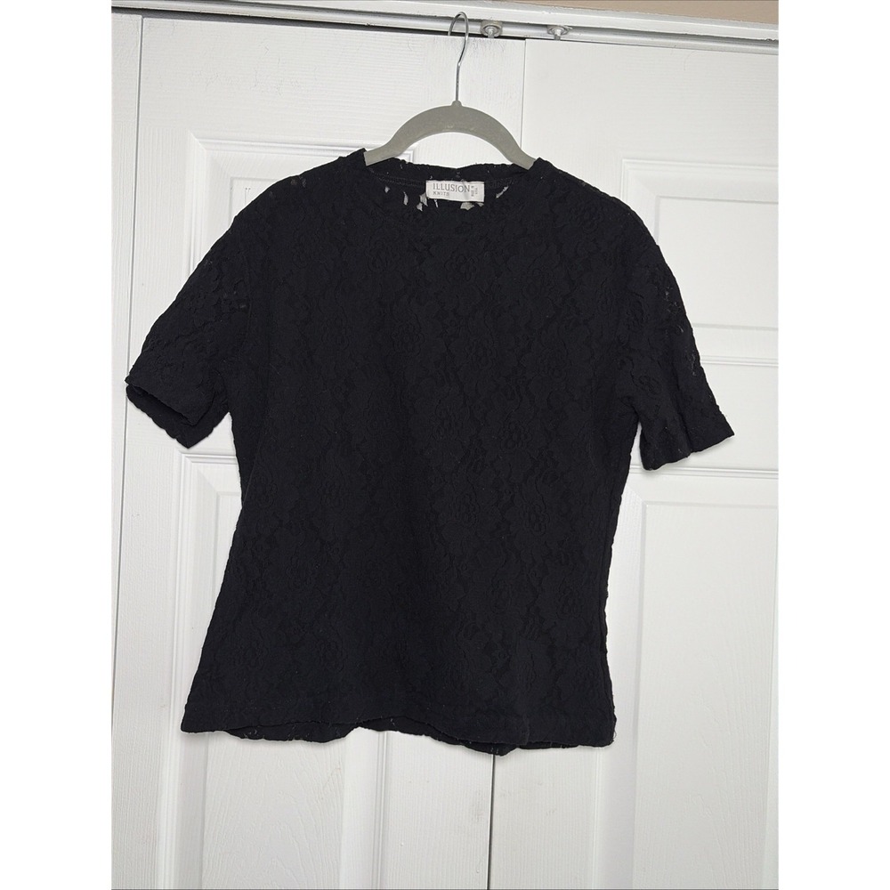 Illusion Knits Floral Lace Blouse Womens Size L Black Lace Coquette Victorian